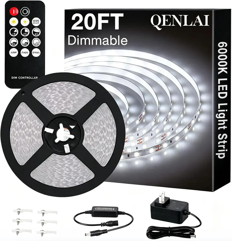 20ft White LED Strip Lights with Remote, 6000K Dimmable 12V LED Light Strip, 360 LEDs Flexible Cuttable Tape Lights for Bedroom Kitchen Cabinet Ceiling Lighting