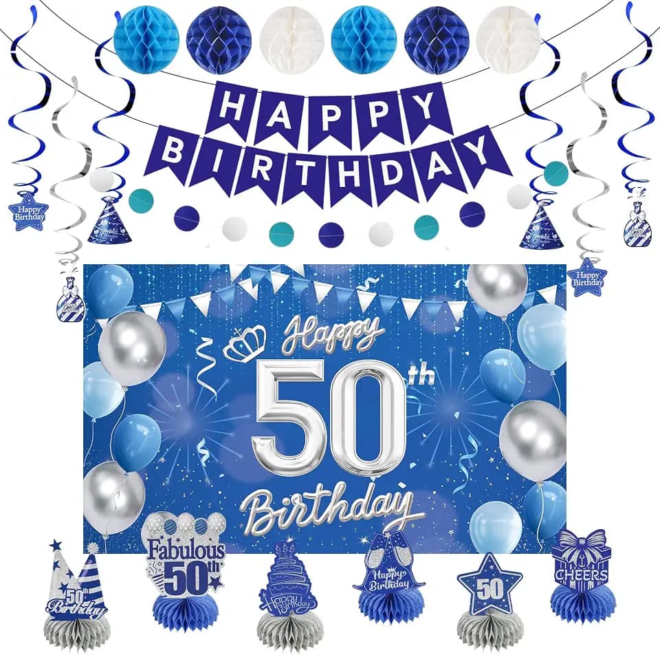 Happy 50th Birthday Party Decoration: Including Birthday Banner Backdrop, Party Table Centerpieces and Hanging Swirl Party Streamers, Birthday Decor for Men and Women (Blue, 50th Birthday)