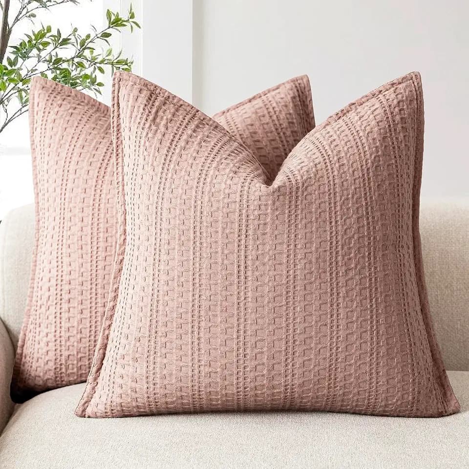 Foindtower Set of 2 Decorative Cotton Waffle Weave Throw Pillow Covers Euro Shams Cushion Covers Accent European Pillowcase for Bed Couch Sofa Bedroom Living Room Home Decor 20×20 Inch Dusty Pink