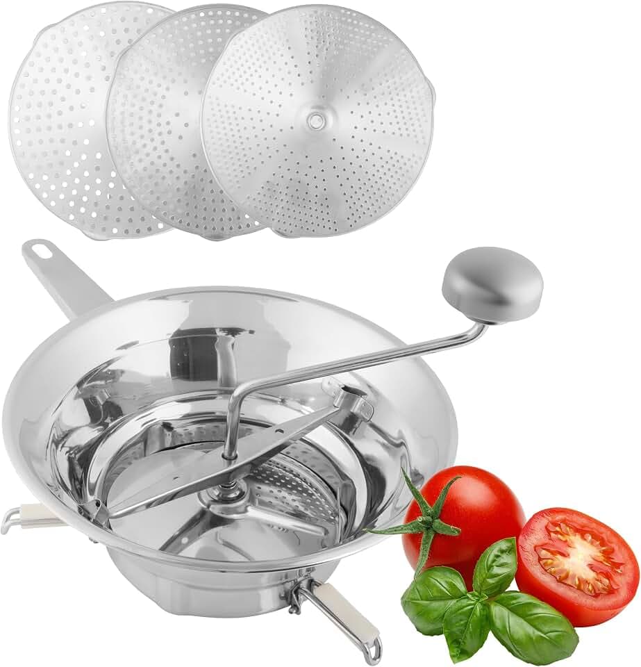Stainless Steel Food Mill with 3 Milling Discs (Fine/Medium/Coarse) - Dishwasher Safe Rotary Food Mill for Tomato Sauce, Mashed Potatoes, Baby Food, Applesauce, Purees, and Canning by Classic Cuisine