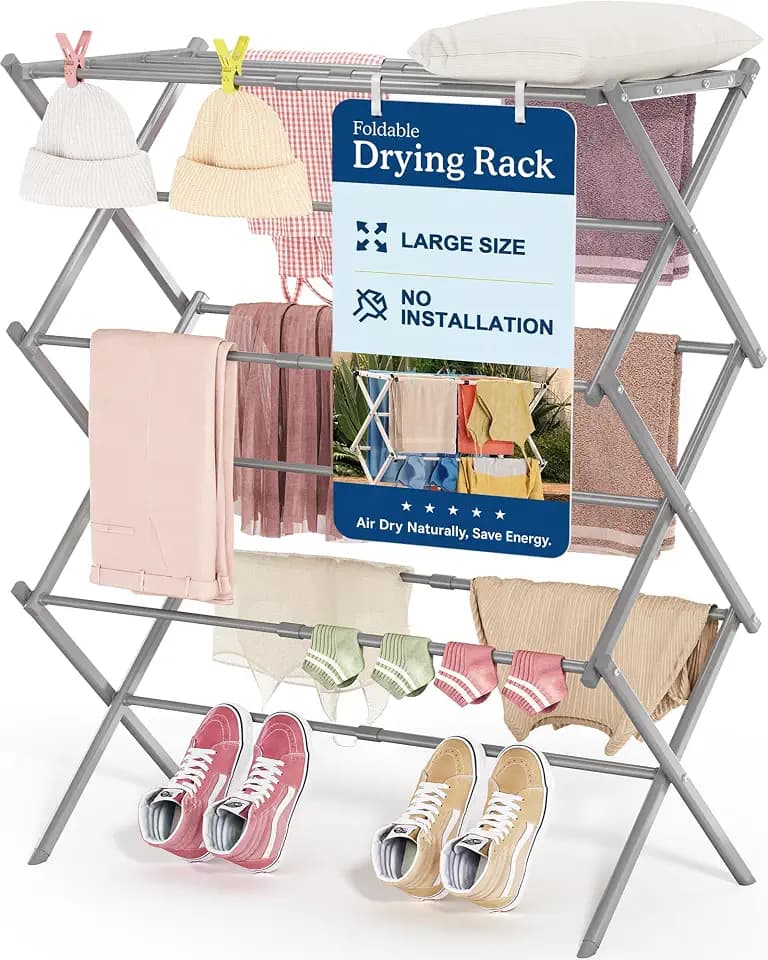 APEXCHASER Oversize 3-Tier Clothes Drying Rack, No Install, Grey