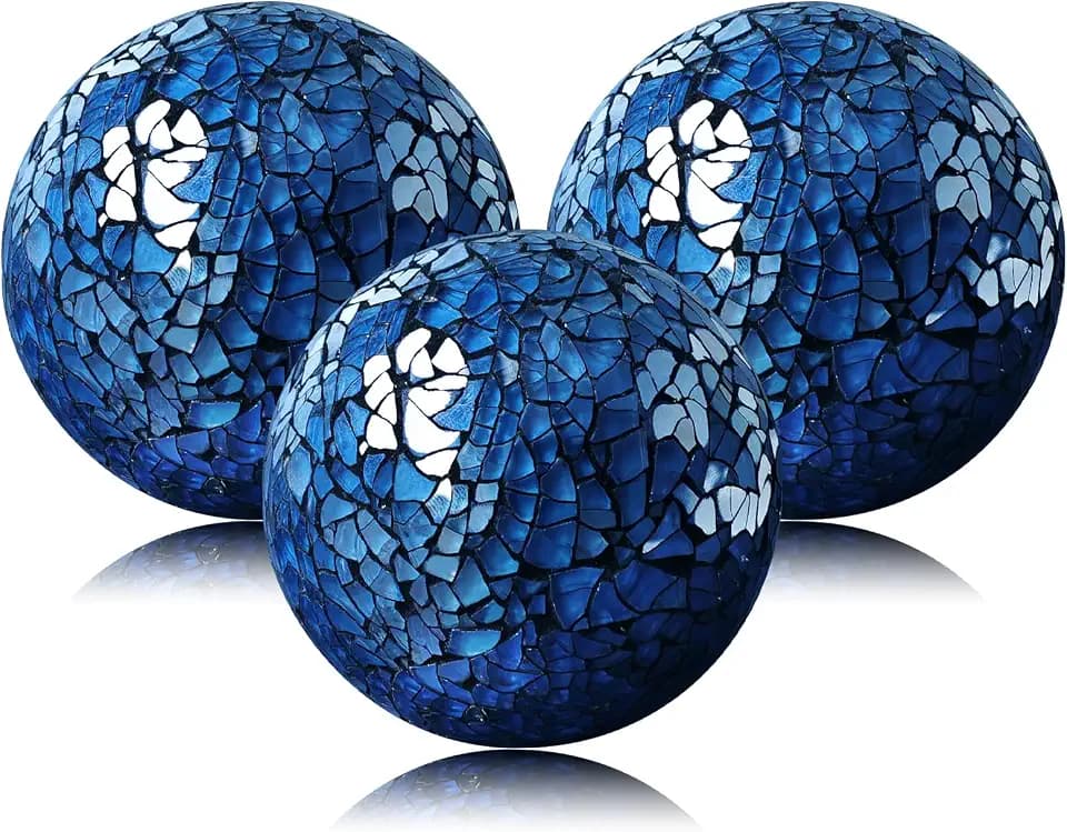 Blue Decorative Balls for Bowls, 3.35 Inch Mosaic Glass Orbs 3 Pcs