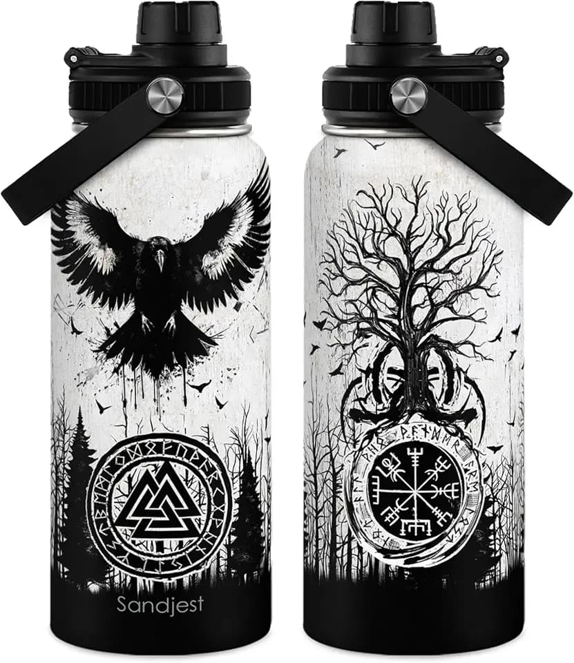 Viking Insulated Stainless Steel Water Bottle 32oz, Vikings Vacuum Chug Lid Travel Tumbler for Men Friends Dad Grandpas Brothers, Gift for Birthday Christmas Fathers Day