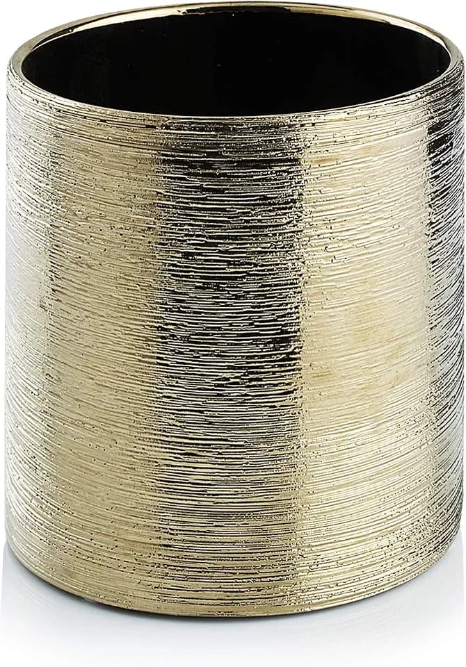 WGVI Gold Etched Ceramic Cylinder Vase Width 3.75" Height 4", Flower Arrangements, Candle Holder, Terrarium Planter Pot, Storage Container Organizer, Pen Brush Holder, Scratched Texture, 1 Piece