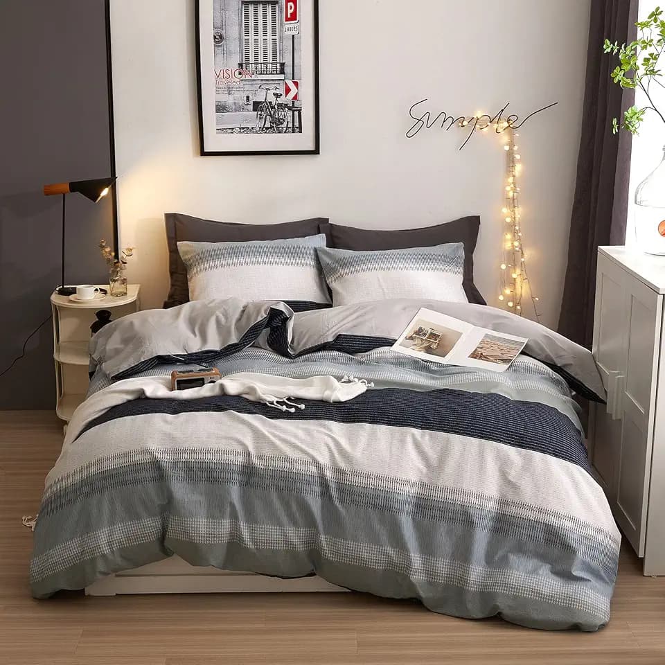 DREAMINGO Stripes Geometric Duvet Cover Full Cotton Aesthetic Bedding Set Boys Men Reversible Geometric Comforter Cover Set with 2 Pillowcases Modern Preppy Style Blue Grey Duvet Cover Set