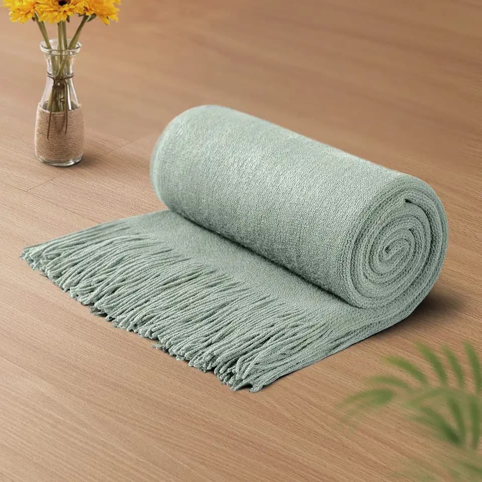Vonty Sage Green Knitted Throw Blanket with Tassels Fringe, 50x60 Acrylic