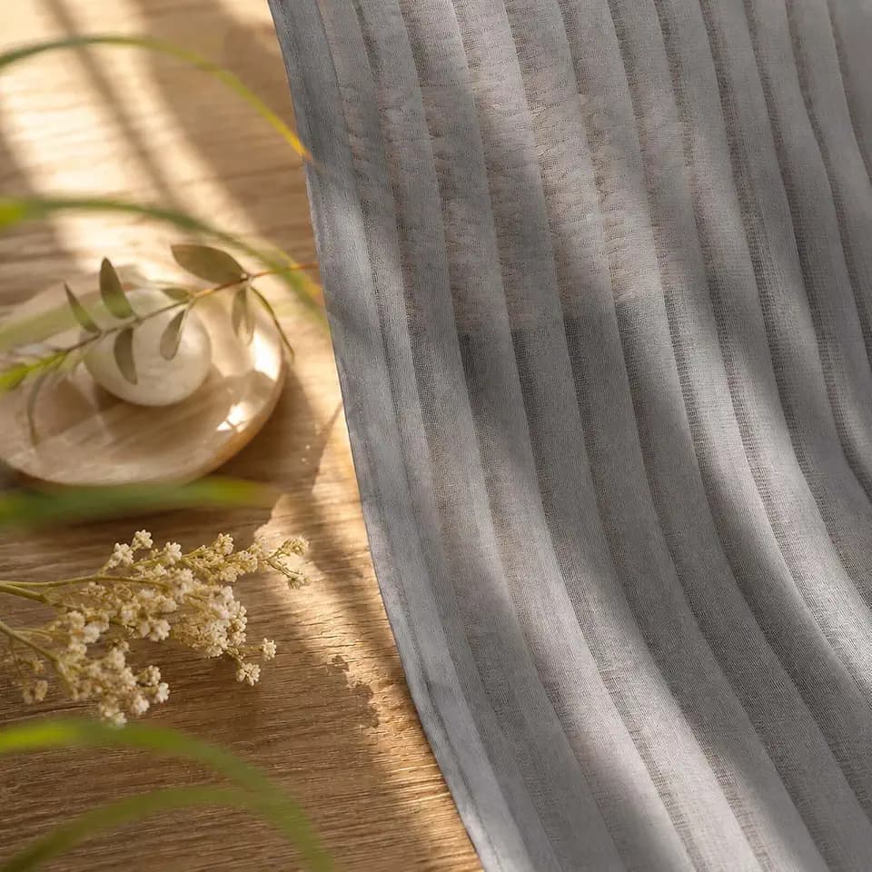 Charcoal Grey Sheer Kitchen Curtains - Striped Design Short Curtains for Windows, Light Filtering Rod Pocket Semi Sheer Window Drapes for Cafe Basement, 2 Panels, Each 30Wx24L Inches