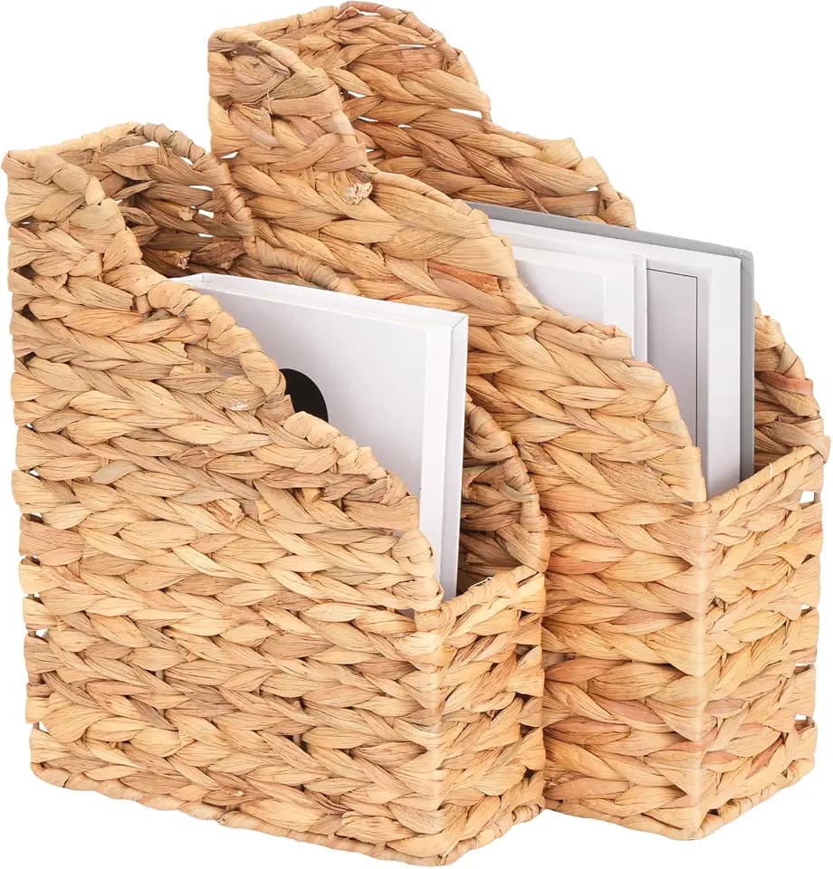 Water Hyacinth Magazine Holders, Scalloped Edge, Natural Handwoven Rattan Storage Baskets, Large and Small Size Packages, Storage Bin & Organizer for Files, Books, Newspapers, Decorative Storage Bin