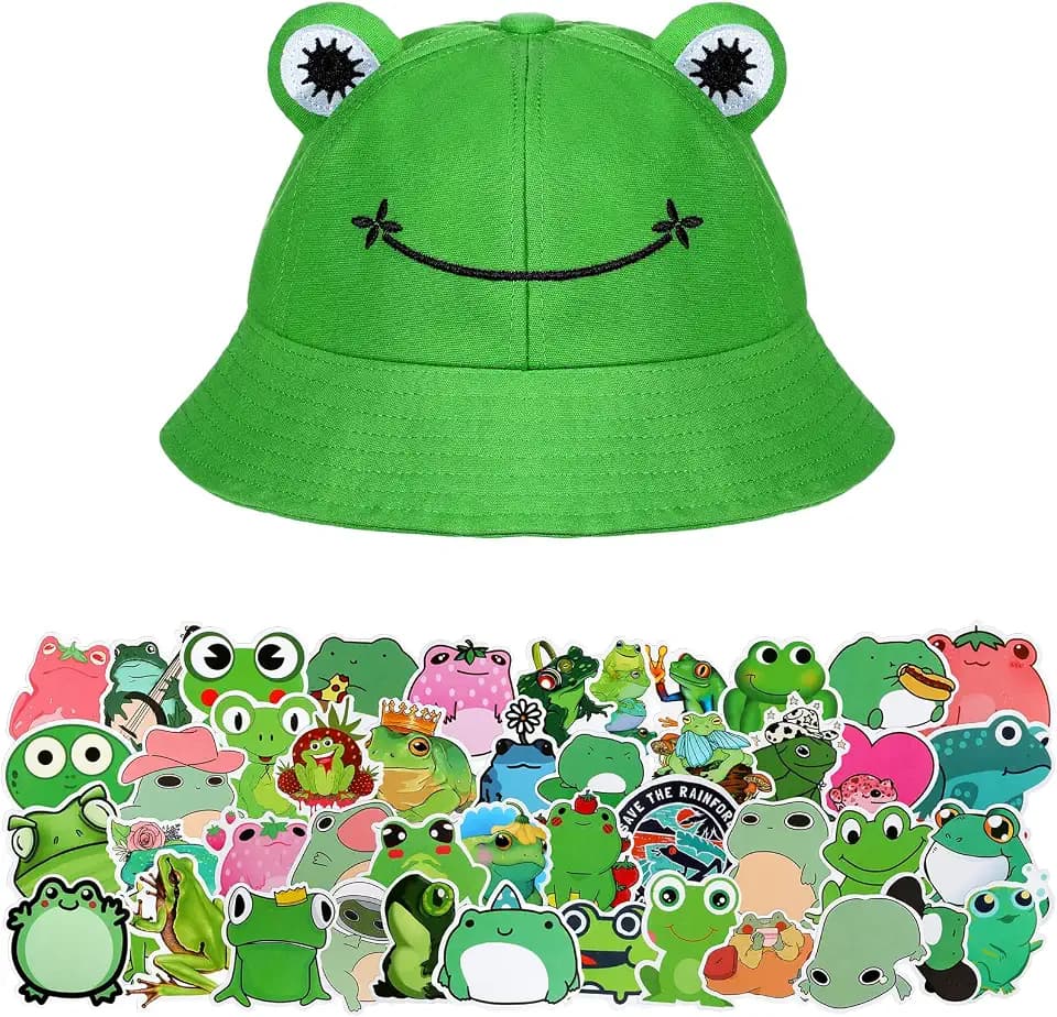 Syhood Frog Bucket Hat with 50 Stickers Fisherman Cotton Sun Protection Outdoor Wide Brim Foldable Sun Hat