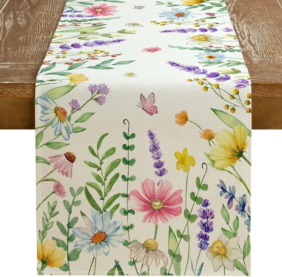GEEORY Spring Table Runner 13 x 120 Inch, Floral Wildflowers Decorative Rustic Farmhouse Table Decoration for Kitchen Dinning, Indoor Outdoor Dinner Party Decor GT149-120