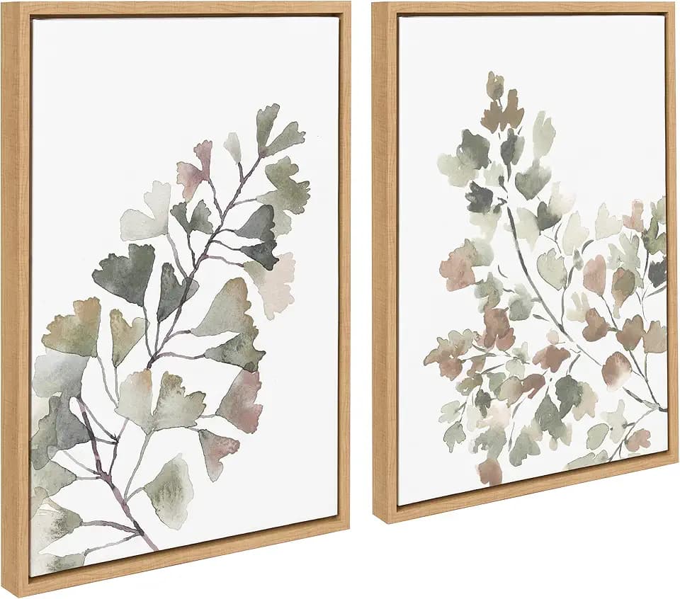 Kate and Laurel Sylvie Botanical Soft Splitfern and Botanical Soft Maiden Framed Canvas Wall Art Set by Sara Berrenson, 2 Piece Set 18x24 Natural, Floral Watercolor Wall Art Décor Set
