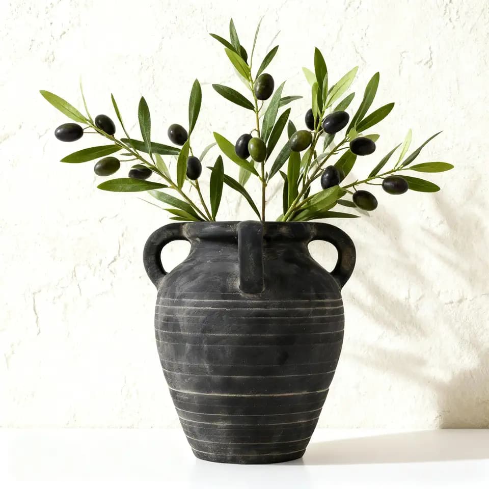 Handmade Flower Vase, 10.2" Rustic Terracotta Vase with 4 Handles, Vintage Ceramic Flower Vase, Matte Black Ear Pot for Entryway, Table, Shelf, Living Room, Fireplace, Home Decor