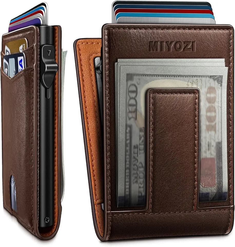 miyozi Wallet for Men, Pop Up Card Holder with RFID Blocking, Minimalist Slim Bifold Wallet with 9 Card Slots, 2 ID Window and Magnetic Money Clip, Metal Flip Case with Magnetic Closure, Gift Box
