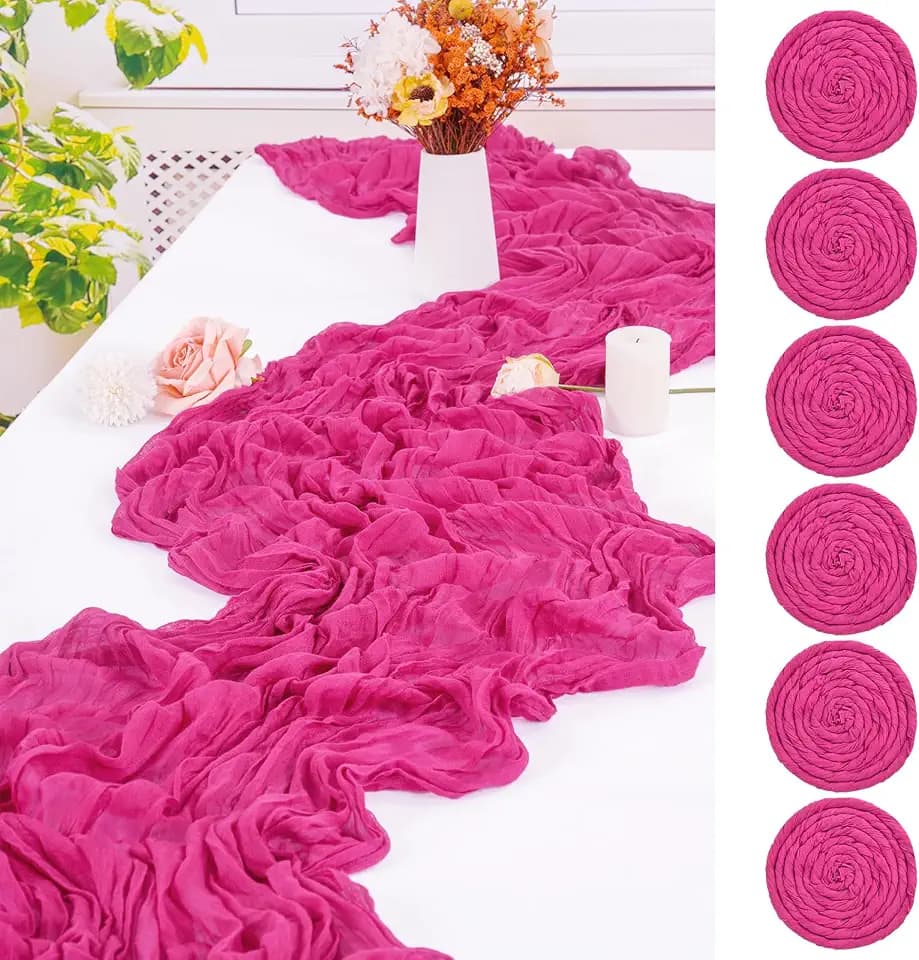 6 Pack Hot Pink Cheesecloth Table Runner,10FT Gauze Boho Long Easter Cheesecloth Table Runners 20x120inch Rustic Cheese Cloth Table Runner for Wedding Party Bridal Shower,Table Decorations