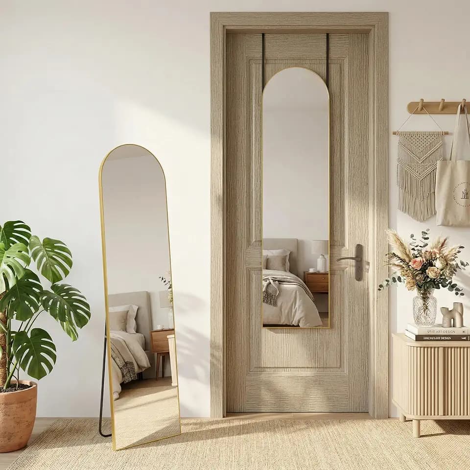 Antok Full Length Mirror, 56"x14" Floor Mirror with Stand, Gold, Arched