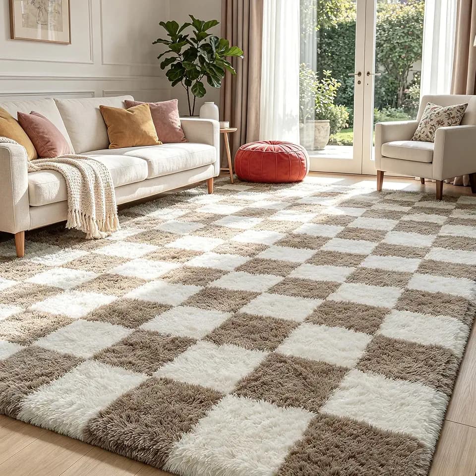 Beige and White 6x9 Area Rugs for Bedroom, Fluffy Shag Rug Bedside Carpet