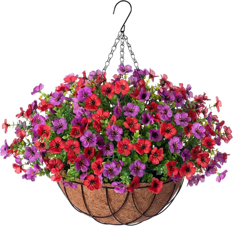INXUGAO Artificial Fake Flowers Hanging Basket for Outdoor Decoration
