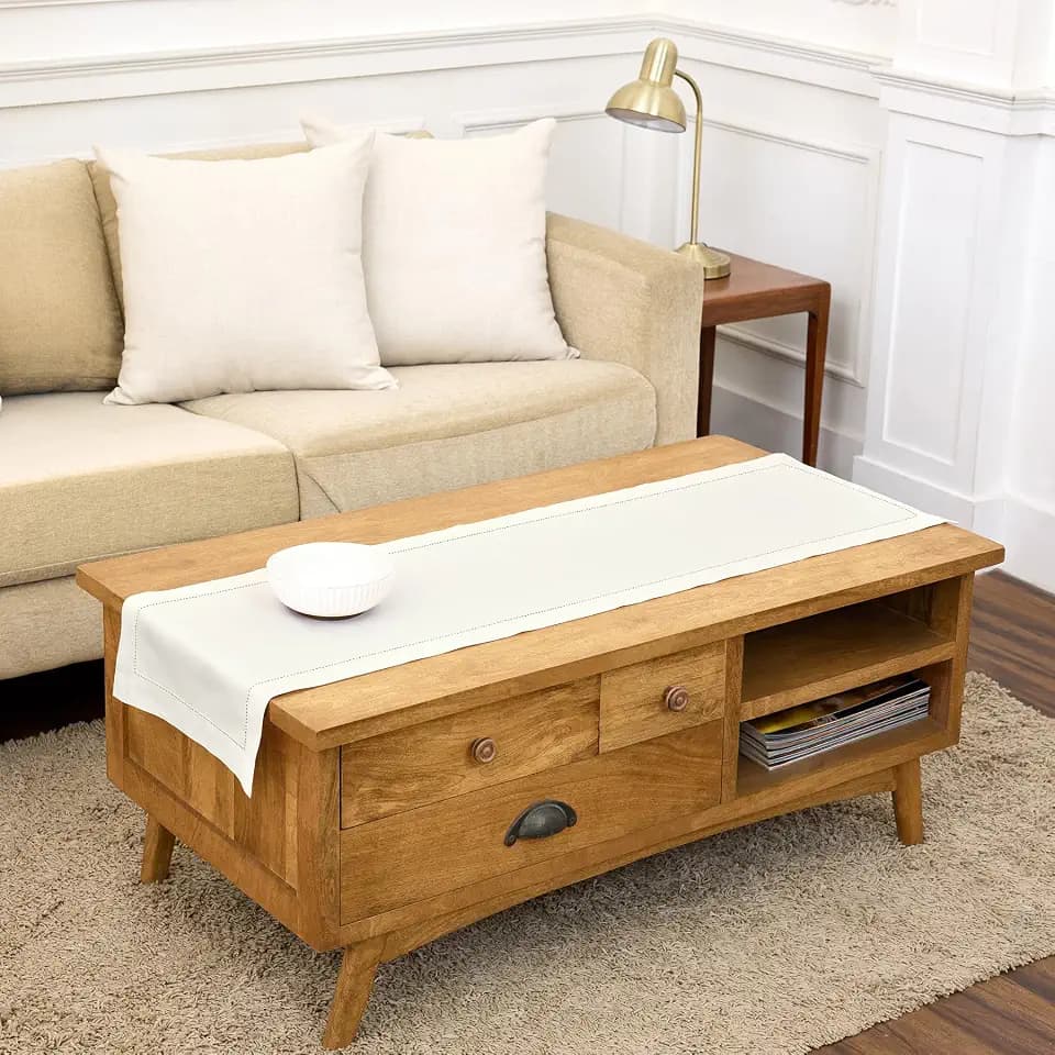 Solino Home 100% Pure Linen Dining Table Runner Ivory Hemstitch, 14 x 60 in