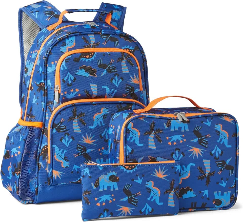 Amazon Essentials Kids School Backpack Set with Lunch Tote and Pencil Case, Multi-Pocket Tear-Resistant Student Daypack, Blue Navy, 3-Piece Set