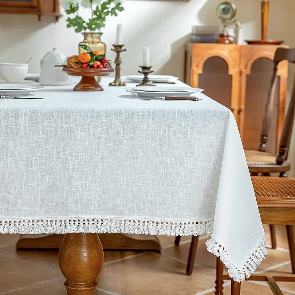 AmHoo Linen Tablecloth Table Cloth Stitching Tassel Rectangle Decorative Natural Table Cover for Kitchen Dinning Wedding Buffet 55 x 86 Inch Cream White