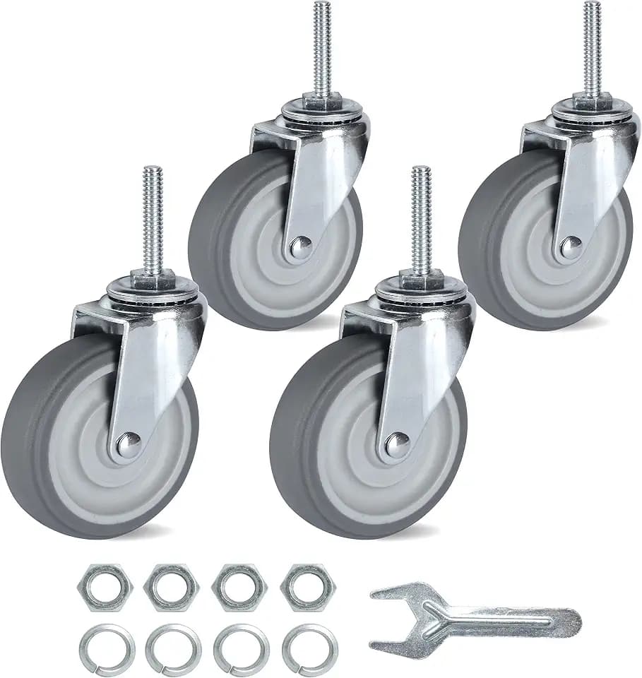 Finnhomy Caster Wheels 3 Inch Set of 4 Heavy Duty Threaded Stem Casters 5/16"-18x1-1/2 Swivel Rubber Industrial Castors Premium Wheels for Wire Shelving/Furniture/Carts Load Bearing 720 Lbs Gray
