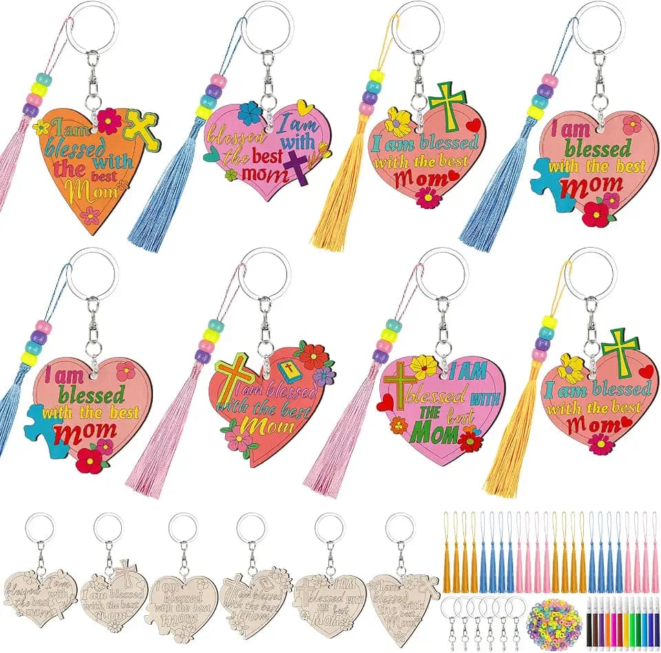 Cinrobiye 24 Set Christian Mother’s Day DIY Wooden Keychain Craft Kit, Faith-Inspired Bulk Gifts, Sunday School Craft Activity Set with Pens, Tassels & Beads