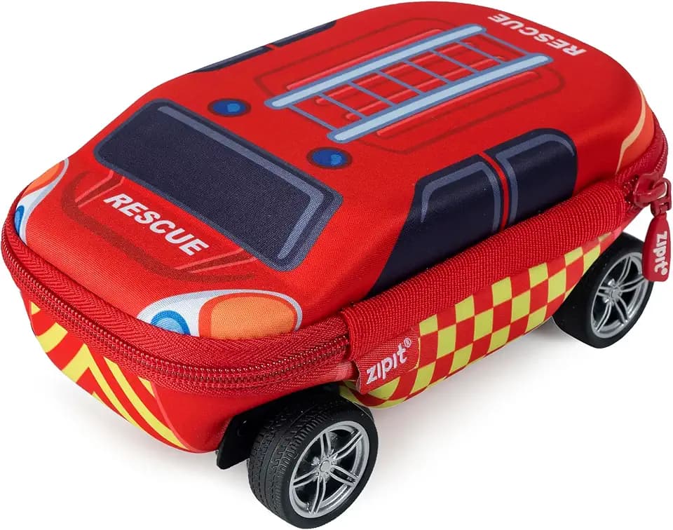 ZIPIT Fire Truck Pencil Case for Boys, Pencil Box with Spinning Wheels