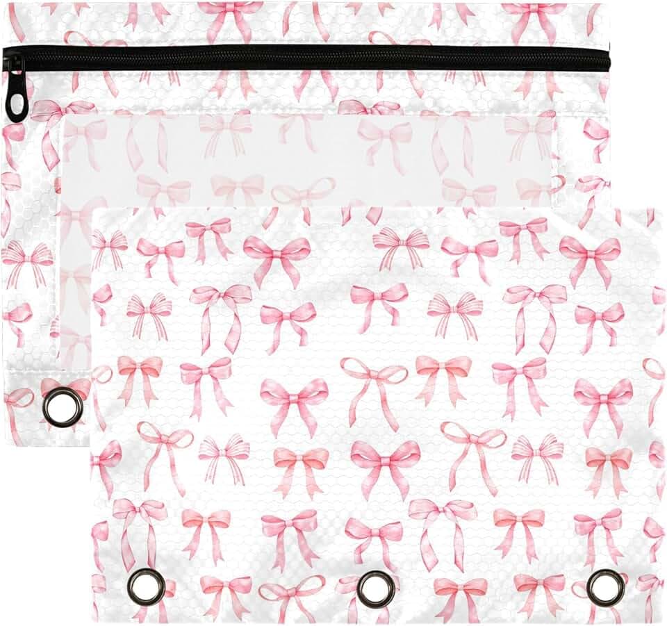 Wamika Bowknot Pink White Binder Pouches 3 Ring for Boys Girls School Office College Supplies Cute Bow Ribbon Doodle Pattern Pencil Pouches Case Bag with Clear Window and Zipper 2 pack