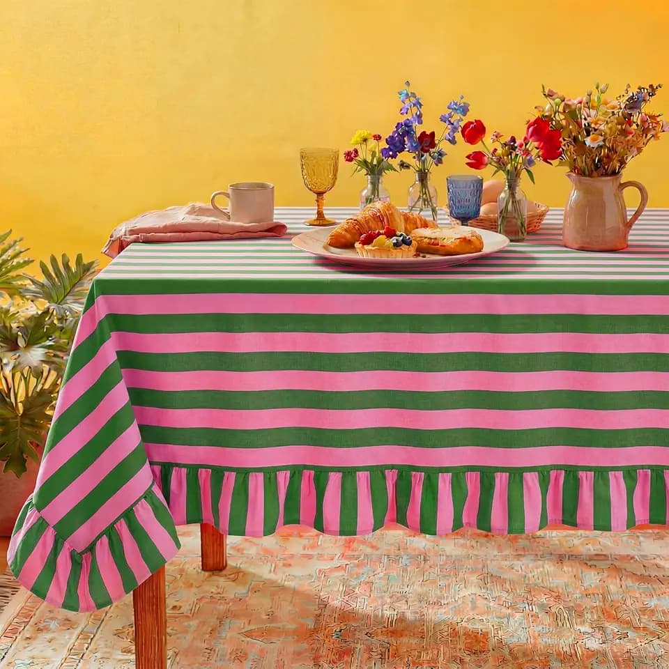 Tudomro Striped Tablecloth, Rectangle, Pink, Grass Green, 84'' X 60''