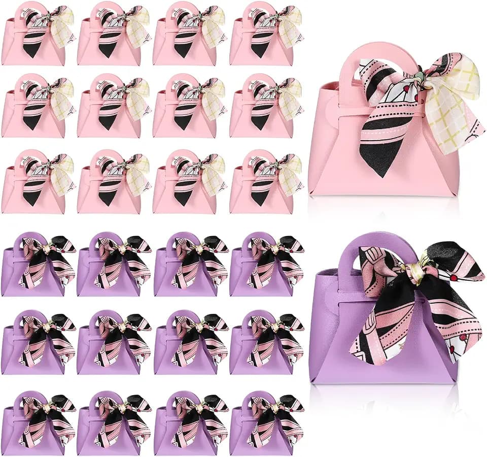 zisiueel 24 Pcs PU Leather Purse Gift Bags with Handles Ribbon Purse Party Favor Bags for Baby Showers Birthday Wedding Candy