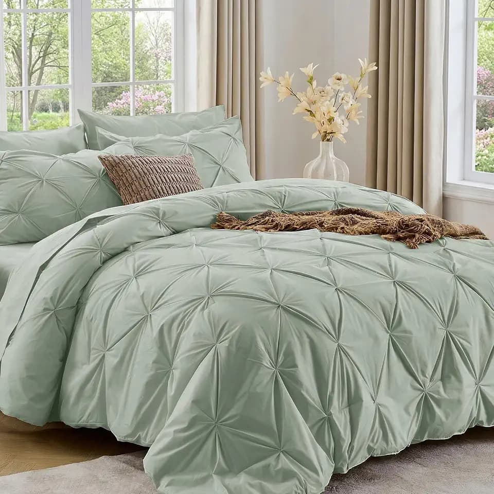 Sasttie Queen Comforter Set, 7-Piece Bed in a Bag, Pintuck Bedding Set for All Season, Includes Comforter, Flat Sheet, Fitted Sheet, Pillowcases and Pillowshams, Dusty Green