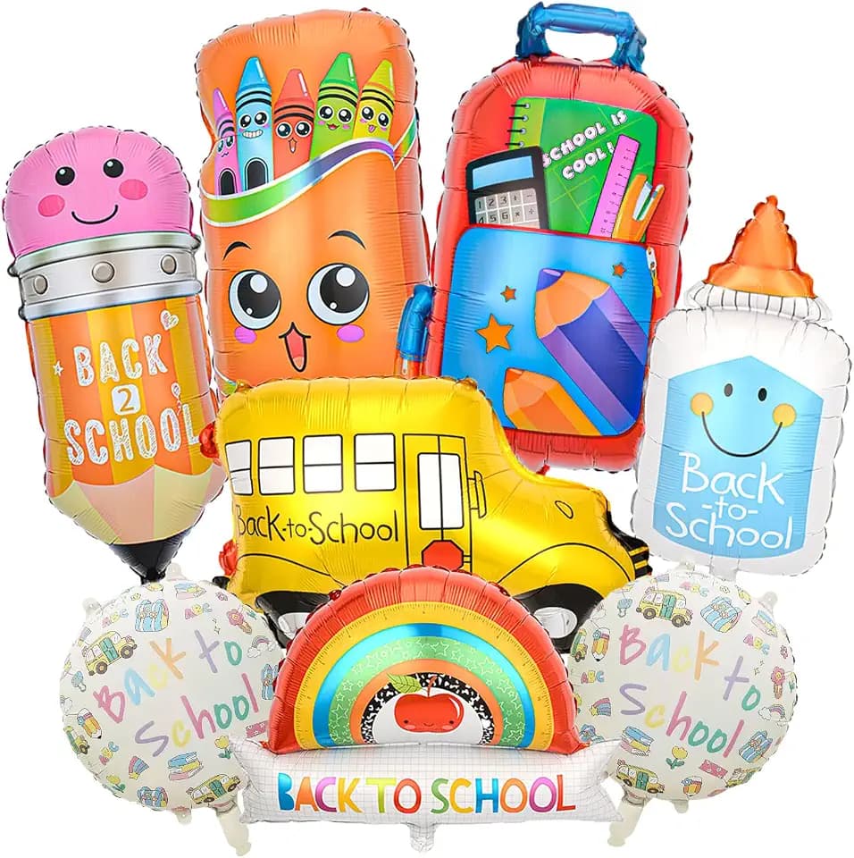 8 Pcs Back To School Foil Balloons Colorful School Bus Pencil Schoolbag Crayon Ruler Balloon First Day of School Mylar Balloons for Welcome Back To School Kindergarten Classroom Party Decorations