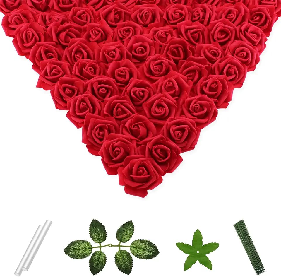 100 Pcs 2 in Small Artificial Rose Head Bulk (Rose Cherry Red)