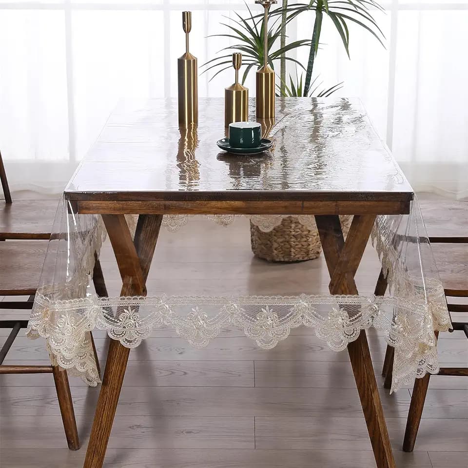 Clear Plastic Rectangle Tablecloth Vinyl Waterproof Table Cloth Embroidered Lace Edge Transparent Table Cover for Dining Kitchen Outdoor(60 x 106 inch, Coffee Style 2)