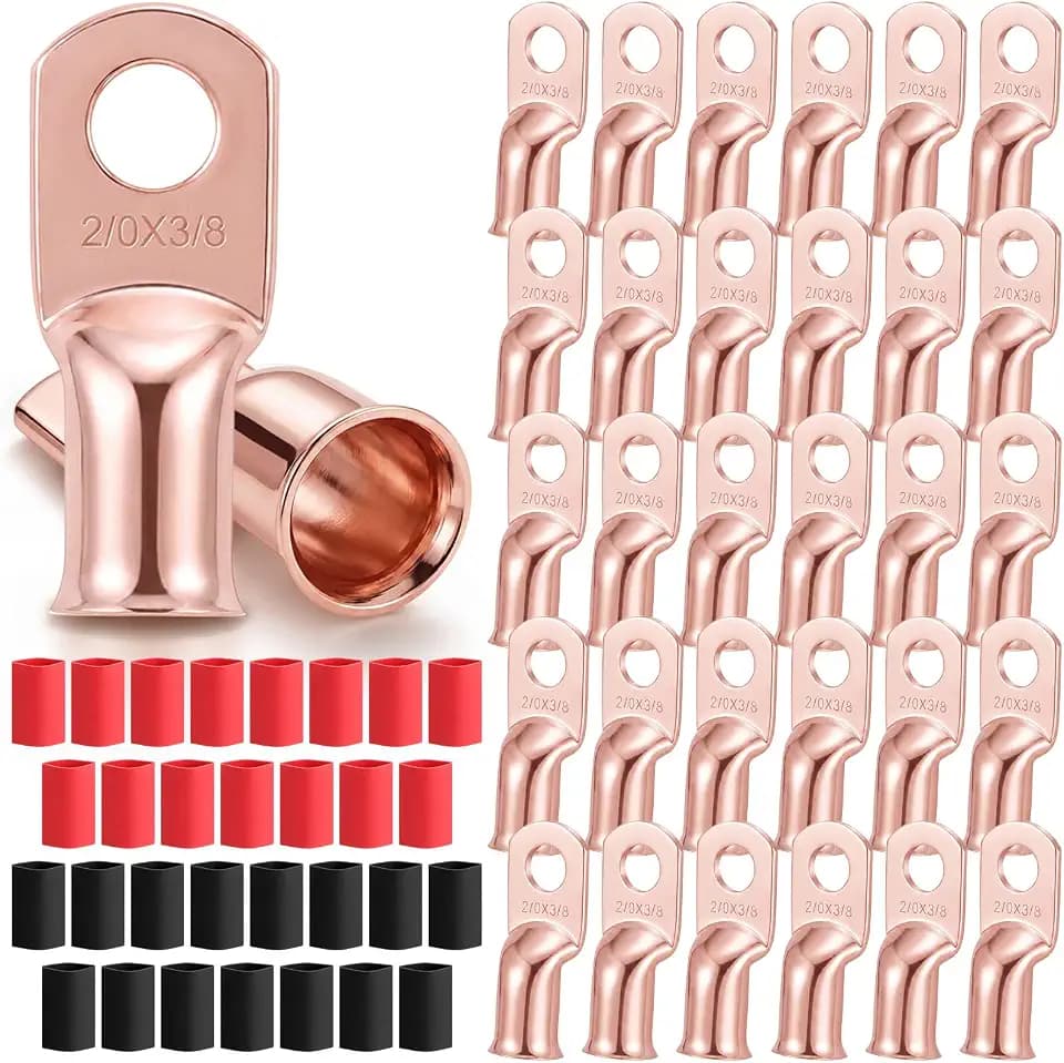 Sabary 30 Pcs 2/0 AWG 3/8" Battery Lugs, Tinned Copper Heavy Duty Ring Terminals, 2/0 Gauge Battery Cable Ends, Terminal Connectors with 15 Red and 15 Black 3: 1 Heat Shrink Tubing
