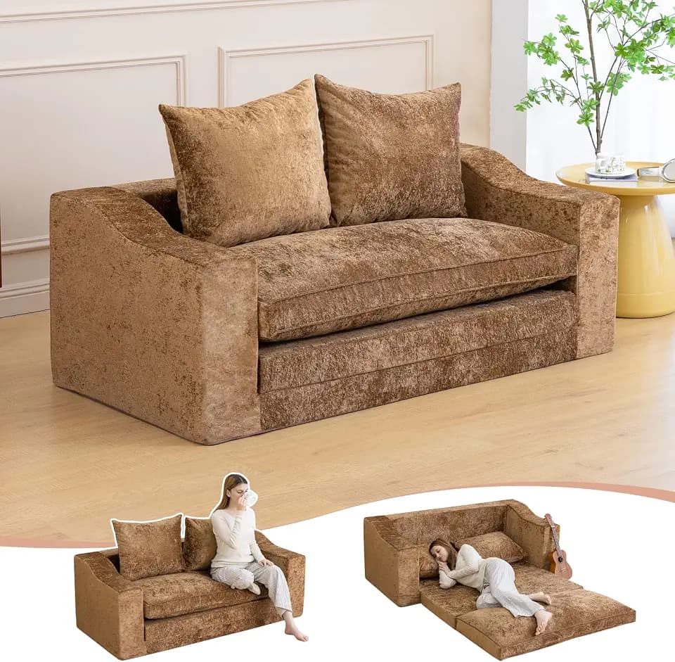 61" Boneless Loveseat Sleeper, Folding Sofa Bed, Diamond Velvet Cover,Brown
