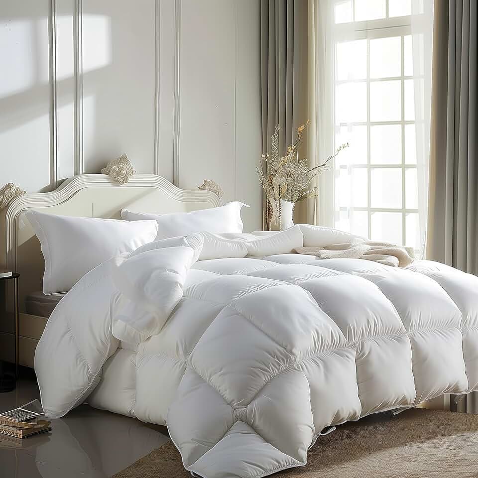 Luxurious King Size Goose Feather Down Fiber Comforter Duvet Insert,Fluffy Ultra-Soft 100% Cotton, Lightweight Hotel Collection Comforter, Light Warmth 106 x 90 Inch White Solid