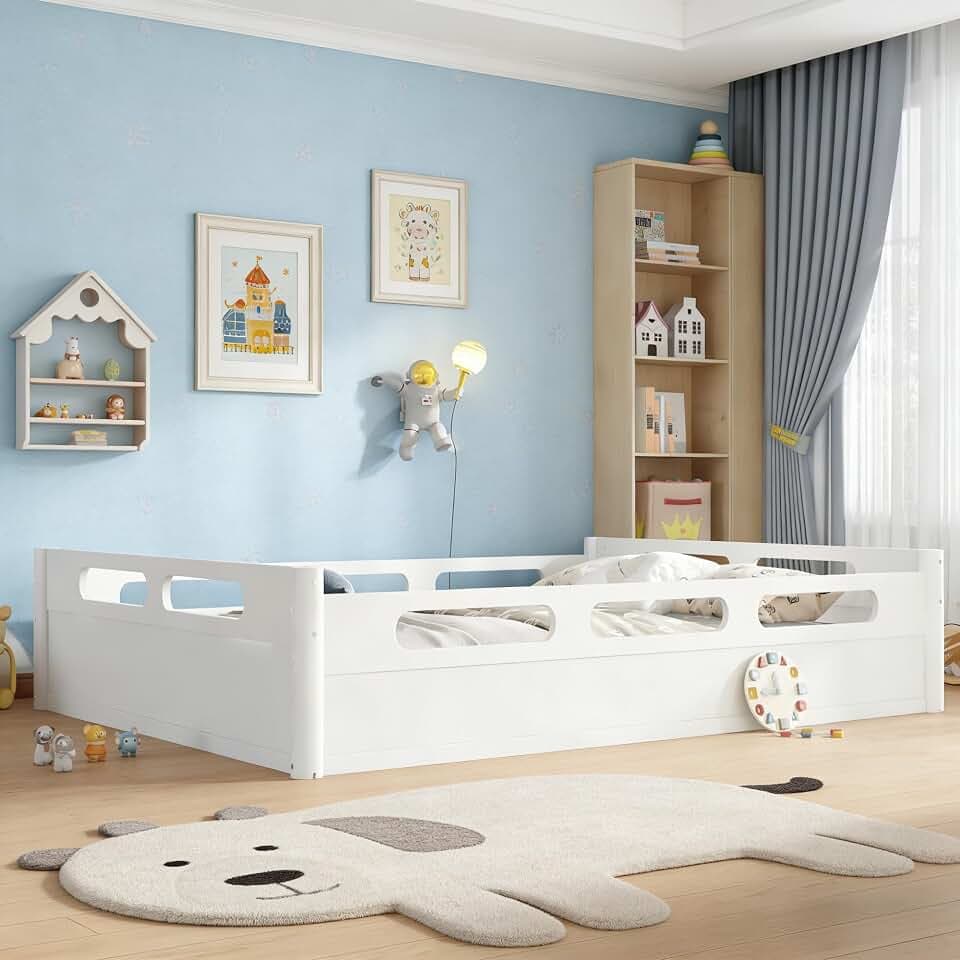 Bellemave Queen Floor Bed with Guardrails, Low Profile Montessori Floor Bed Queen Size, Wood Kids Floor Bed with Fully Enclosed Safer Structure, Childlike Design for Bedroom, Nursery, White