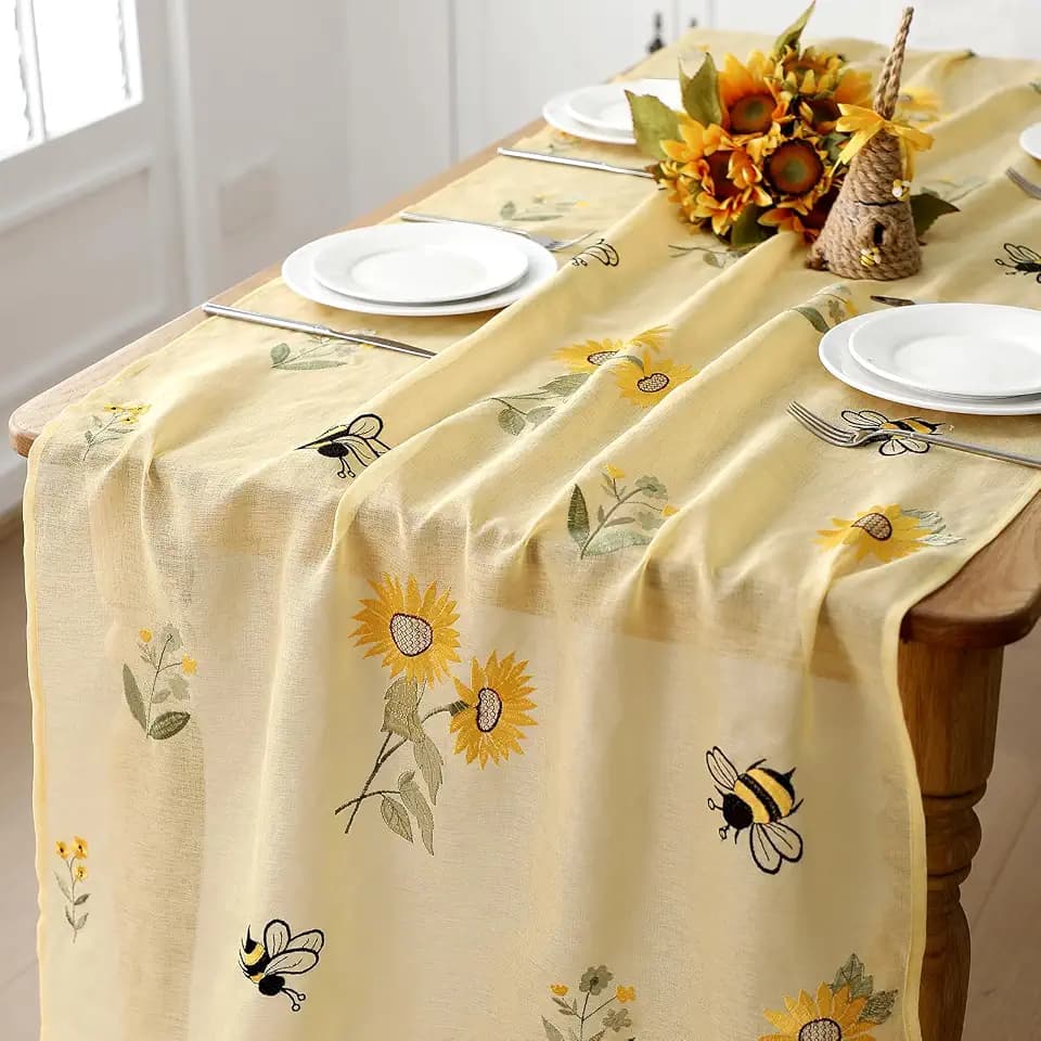 Tudomro Yellow Sunflower Bee Embroidery Tulle Table Runner 9.2 Ft