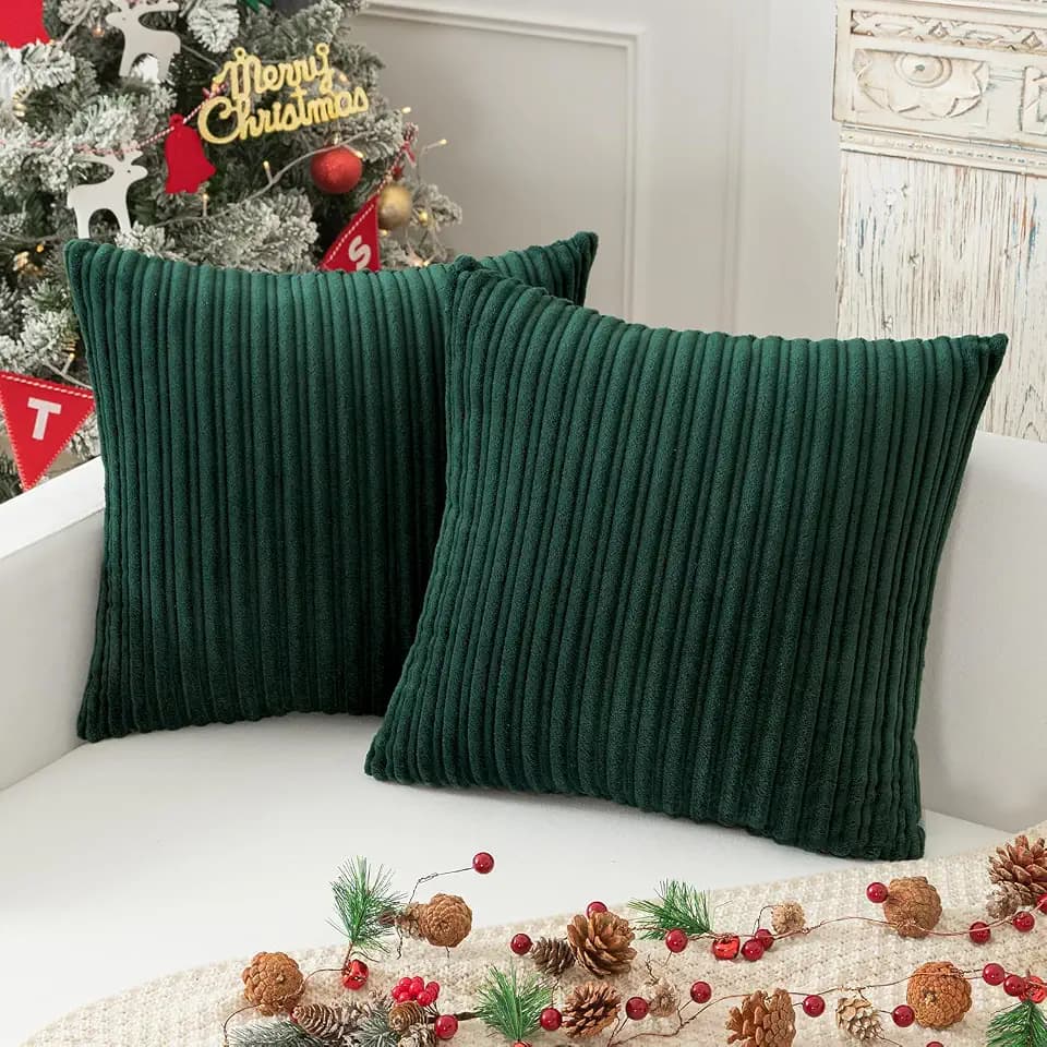 Kevin Textile Striped Corduroy 24”x24” Pillow Covers 2 Pack, Dark Green
