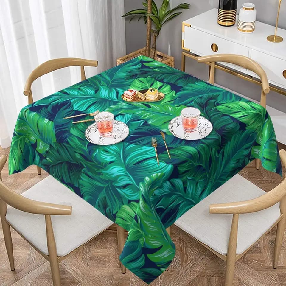 Tropical Hawaiian Leaves Turquoise Leaf Summer Waterproof Picnic Party Square Table Cloth Cover Decorations Fabric 60 X 60 Inches square Tablecloth for 30-46 Inch Home Dining Room Kitchen Decor