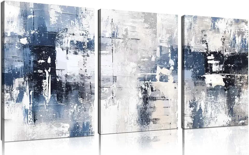 White and Blue Abstract Canvas Wall Art for Bathroom Living Room Bedroom Home Office Modern Framed Grey Abstract Picture Prints Size 12" x 16" x 3 Pieces