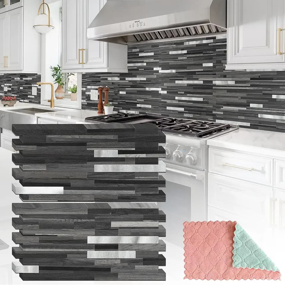 StyloVue 20 Sheets Peel and Stick Tile Backsplash, Black with Metal Gold Look Stick on Tile Upgrade Your Kitchen Backsplash, RV, Fireplace