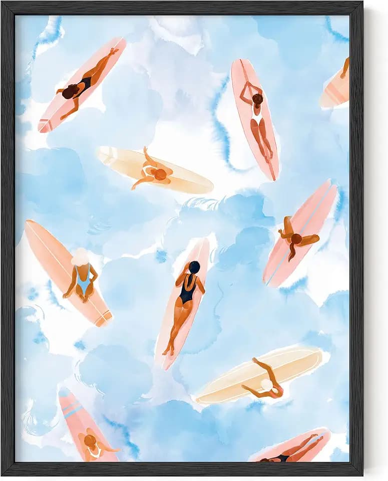 HAUS AND HUES Beach Wall Decor - Watercolor Beach Scene with Surfboard, Teen Girls Room Decor (Black Frame, 12x16)