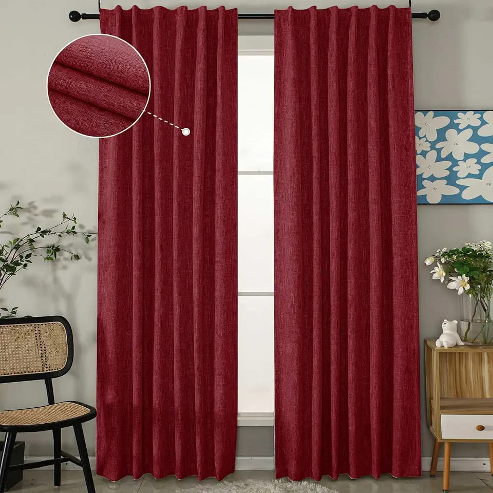 INLINAS Faux Linen Knotted Texture Blackout Curtains - 100% Light Blocking, Noise Reducing Triple Layer Fabric Back Tab and Rod Pocket for Bedroom, Set of 2, Burgundy Red, 52 x 84 Inch