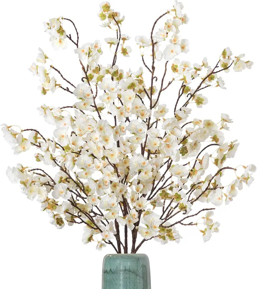 Ammyoo 4 Pcs Artificial Cherry Blossom Flower Branches, Bulk Silk Faux Flowers Real Touch Bouquet for Home Wedding Party Centerpieces Spring Summer Decor, Vase Not Included (White)