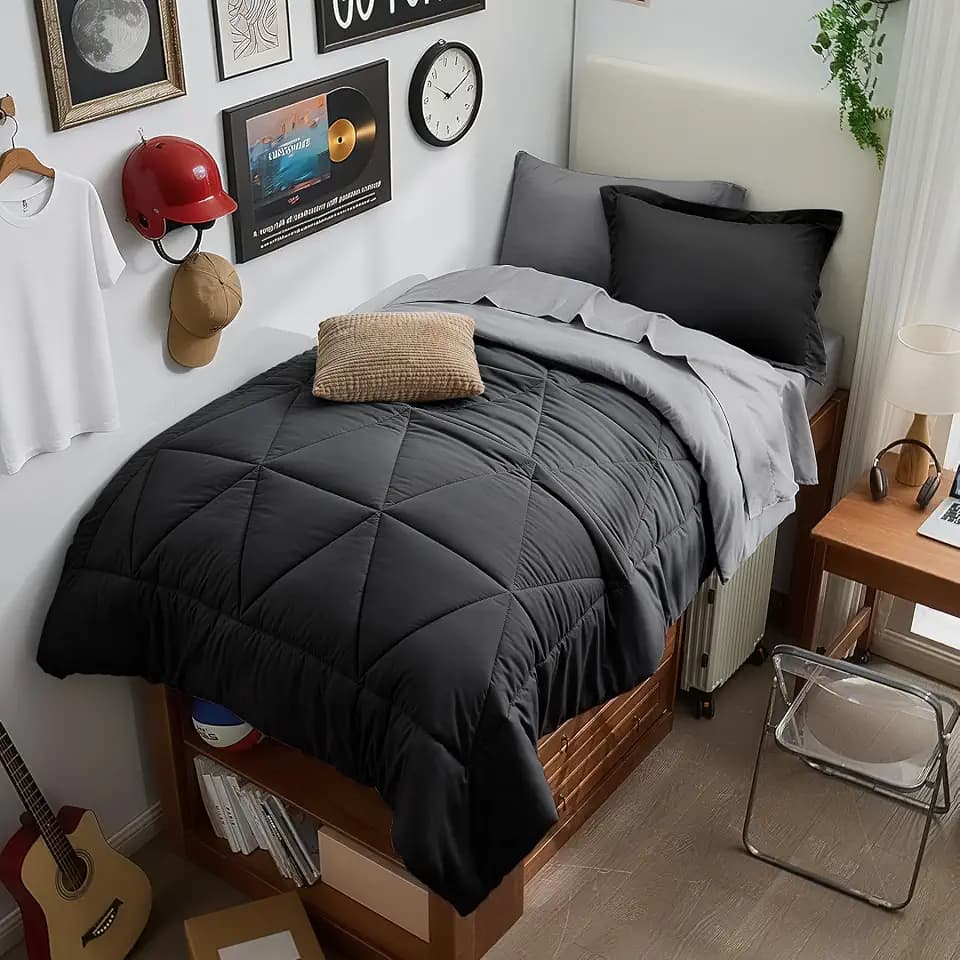 BEDELITE Twin XL Comforter Set 5 Pieces, Reversible Black Bed in A Bag
