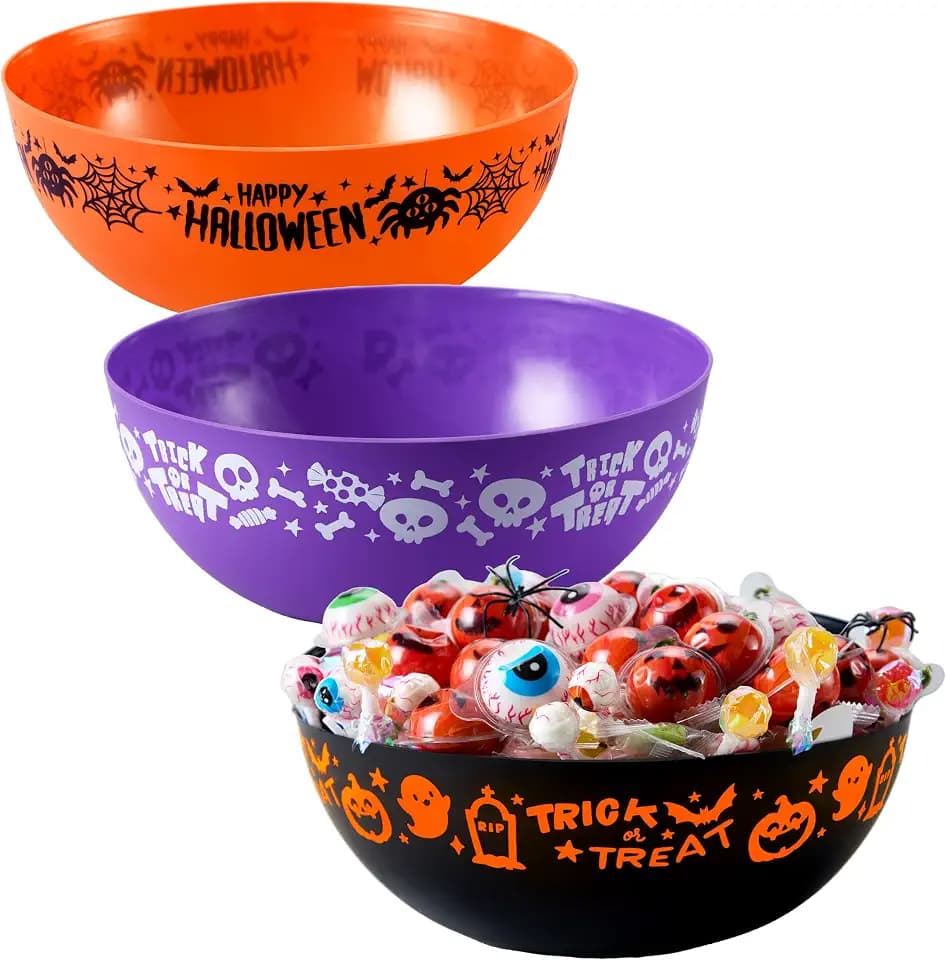 JOYIN 3 PCS Halloween Candy Bowls, 9.6" * 4" Trick or Treat Bowls, Plastic Orange Halloween Serving Dish, Purple Witch Cup, Black Pumpkin Candy Holder for Kids Party Favor Supplies, Table Decor