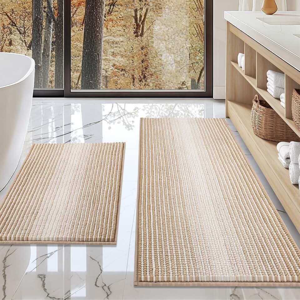 BSICPRO Bathroom Rugs Sets 2 Piece, Non Slip Boho Bath Mats, Beige