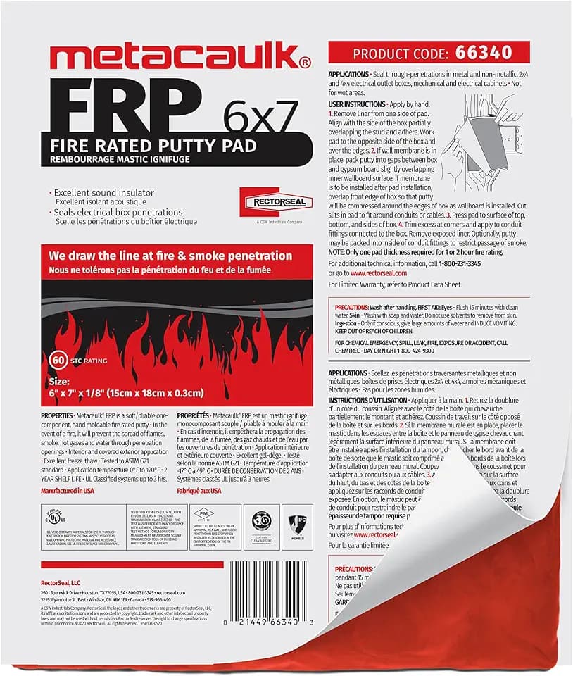 Rectorseal Metacaulk Firestop Putty Pads 66340, Easy Application, Firestop, 6"X7"